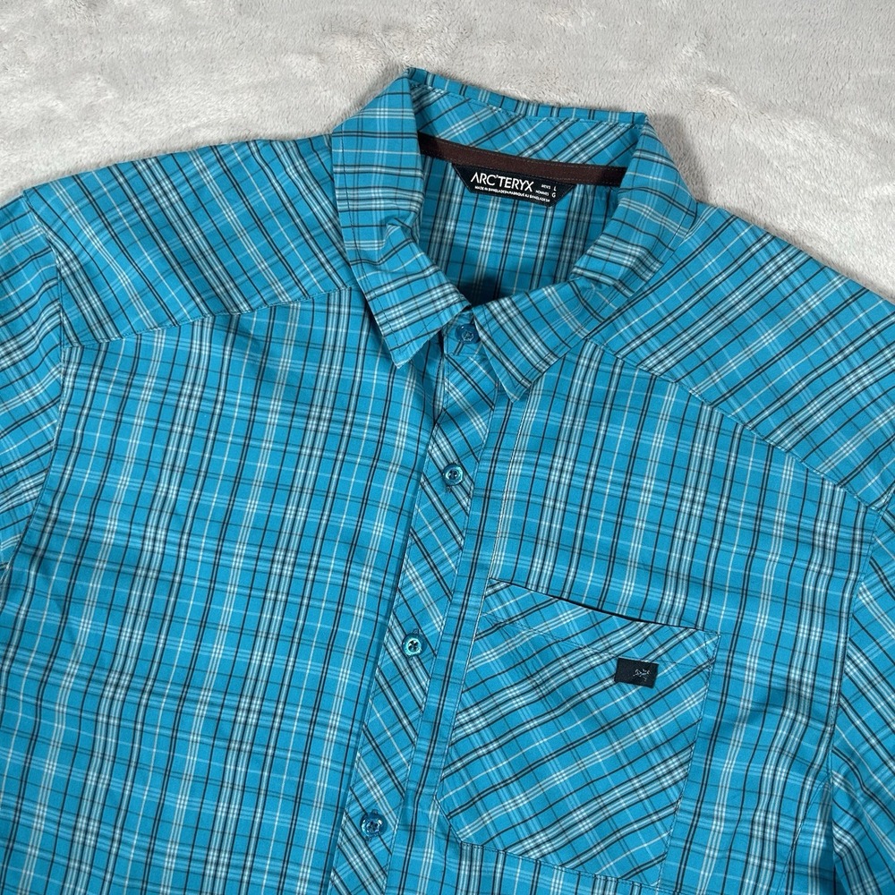 Arc'teryx Peakline Shirt Mens L Blue Plaid Short Sleeve Camping Hiking Gorpcore